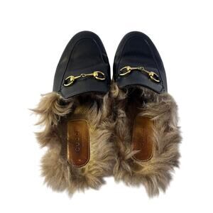 Gucci Princetown Black Leather Fur Lined Horsebit Mules Size 5.5 Designer Italy